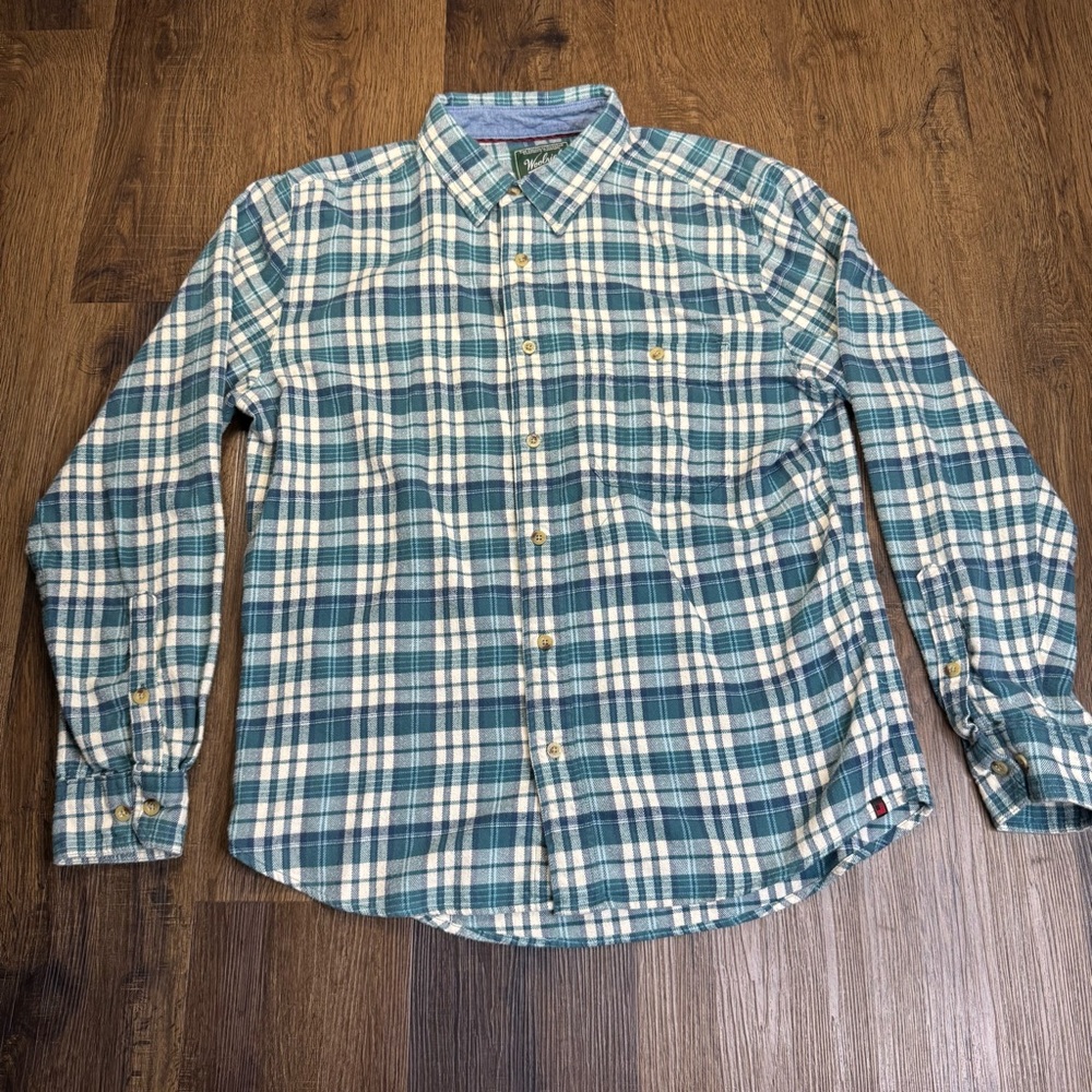 Woolrich Mens L Flannel Plaid Button Up Shirt Long Sleeve Green